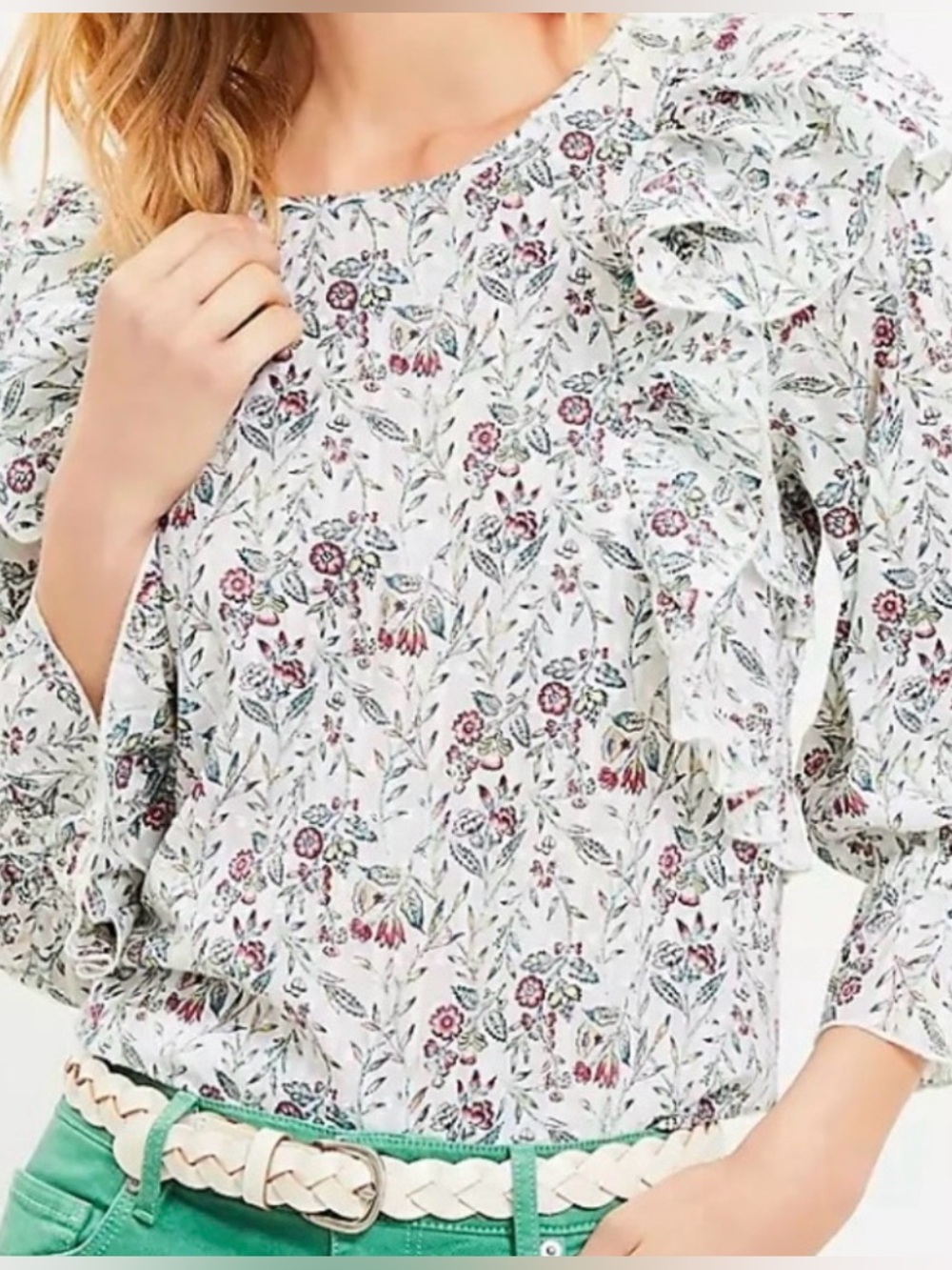 LOFT Floral Scalloped Ruffle Blouse Cream Puff Size L - EUC